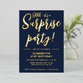 Moderne Elegant Blue & Gold 21. Überraschung Gebur Folieneinladung (Stehend vorne)