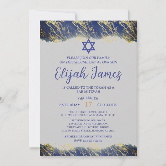Moderne Elegant Blue Gold Star von David Bar Mitzv Einladung (Vorderseite)
