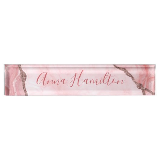 Moderne Elegant Blush Pink Agate Geode Namensplakette (Vorderseite)