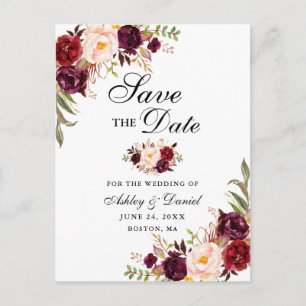 Moderne Elegant Burgundy Floral Save the Date Blk Ankündigungspostkarte