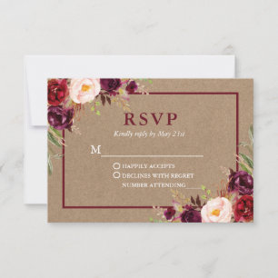 Moderne Elegant Burgundy Floral Wedding Kraft RSVP Karte