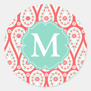 Moderne Elegant Damask Coral Paisley Personalisier Runder Aufkleber