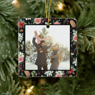 Moderne Elegant Dark Floral Weihnachten 2 Foto Keramikornament