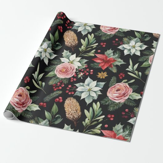 Moderne Elegant Dark Floral Weihnachten Geschenkpapier (Ungerollt)