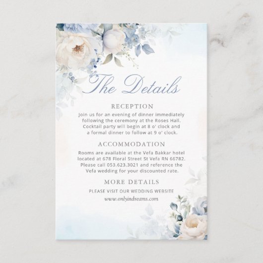 Moderne Elegant Dusty Blue Floral Wedding Details Begleitkarte (Vorderseite)