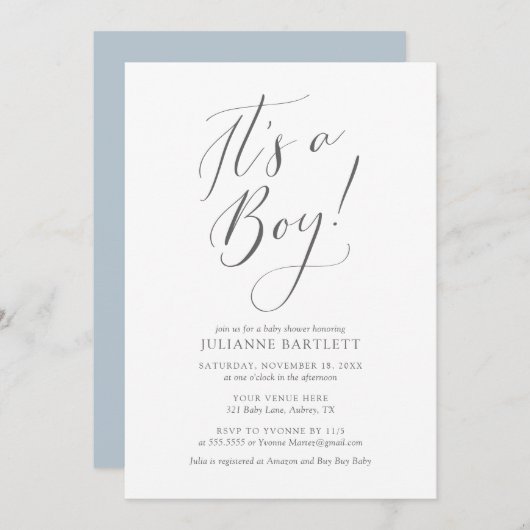 Moderne Elegant Dusty Blue The a Boy Baby Shower Einladung (Vorne/Hinten)