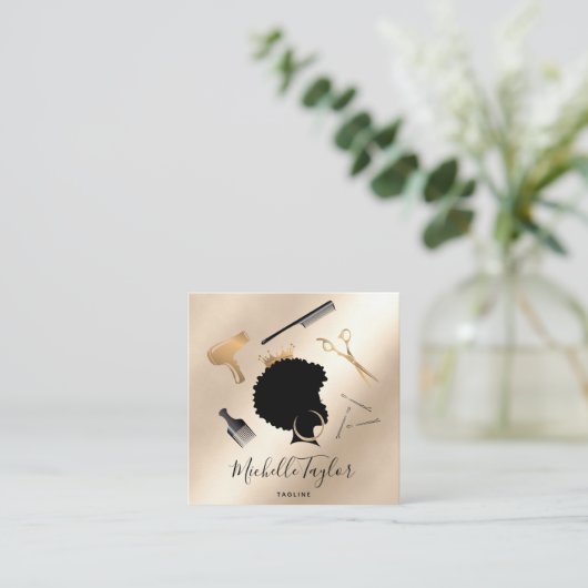 Moderne Elegant Fairstylist Afro American FRAU Quadratische Visitenkarte (Stehend Vorderseite)