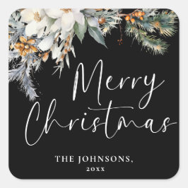 Moderne Elegant frohe Weihnachten Custom Botanical Quadratischer Aufkleber