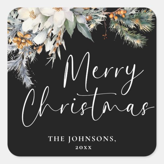 Moderne Elegant frohe Weihnachten Custom Botanical Quadratischer Aufkleber (Vorderseite)