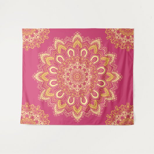 Moderne Elegant Gelbe Himbeere Pink Boho Mandala Wandteppich (Vorderseite (Horizontal))