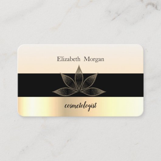 Moderne Elegant gestreift Schwarz, Gold, Lotus Visitenkarte (Vorderseite)