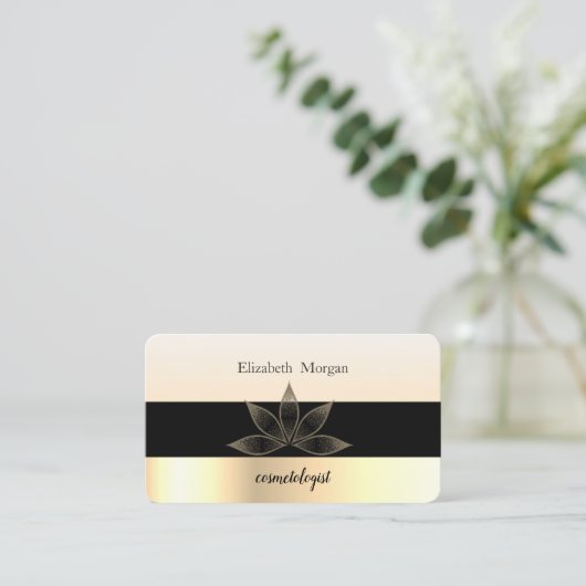 Moderne Elegant gestreift Schwarz, Gold, Lotus Visitenkarte (Stehend Vorderseite)