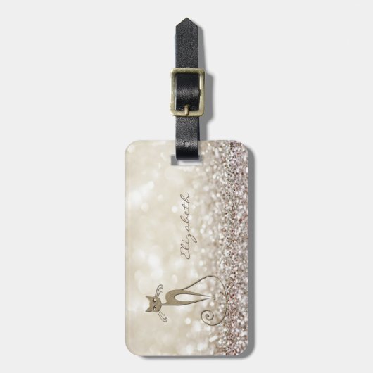 Moderne Elegant Girly, Glittery, Bokeh, Cat Gepäckanhänger (Vorderseite vertikal)