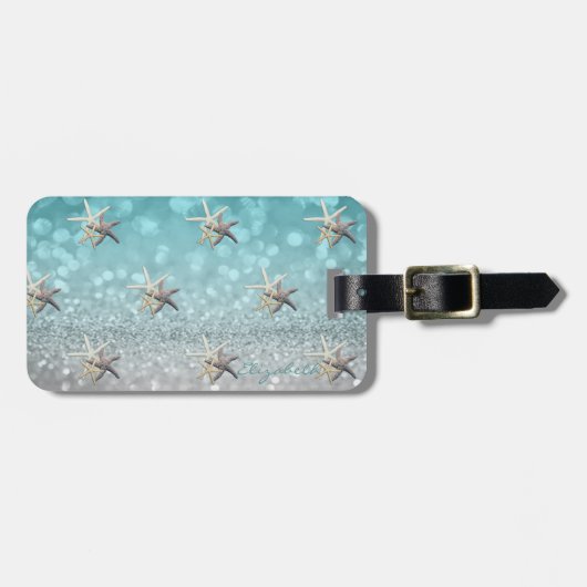 Moderne Elegant Girly, Glittery, Bokeh, Starfish Gepäckanhänger (Vorderseite horizontal)