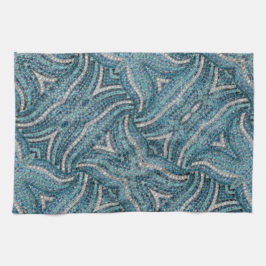 Moderne Elegant Girly Silver Türkis Blauer Swirl Geschirrtuch (Horizontal)