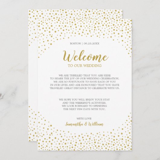 Moderne Elegant Gold Confetti Hochzeit Begrüßung Einladung (Vorne/Hinten)