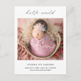 Moderne Elegant Hello World Foto Einfache Geburt Ankündigungspostkarte