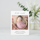 Moderne Elegant Hello World Foto Einfache Geburt Ankündigungspostkarte (Stehend Vorderseite)