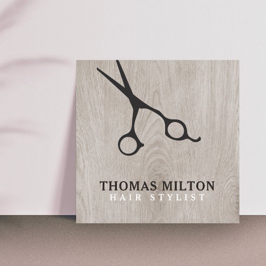 Moderne Elegant-Holzschwarz-Schere Haarstylistin Quadratische Visitenkarte