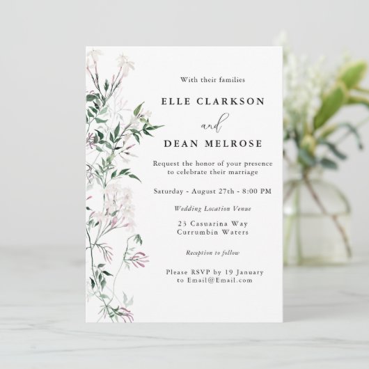 Moderne Elegant Jasmine Lavender Wedding Einladung (Stehend Vorderseite)
