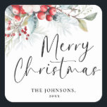 Moderne Elegant Merry Christmas Calligraphy Script Quadratischer Aufkleber<br><div class="desc">Mit unseren eleganten Weihnachtsaufklebern bringen Sie festlichen Flair in Ihre Urlaubssaison! Diese niedlichen, aber modernen Aufkleber mit Kalligraphie-Skript und zarter Aquarellfarbe Holly Berries sind die ideale Möglichkeit, Ihre Geschenkpackung, Weihnachtskarten und vieles mehr zu personalisieren. Mit üppiger Vegetation und einer leicht zu bedienenden Vorlage können Sie Ihre eigenen Aufkleber kreieren, die...</div>