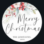 Moderne Elegant Merry Christmas Calligraphy Script Runder Aufkleber<br><div class="desc">Mit unseren eleganten Weihnachtsaufklebern bringen Sie festlichen Flair in Ihre Urlaubssaison! Diese niedlichen, aber modernen Aufkleber mit Kalligraphie-Skript und zarter Aquarellfarbe Holly Berries sind die ideale Möglichkeit, Ihre Geschenkpackung, Weihnachtskarten und vieles mehr zu personalisieren. Mit üppiger Vegetation und einer leicht zu bedienenden Vorlage können Sie Ihre eigenen Aufkleber kreieren, die...</div>