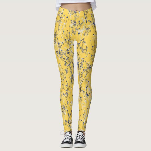 Moderne Elegant-Mustard-Gelbe Wildblumen Leggings (Vorderseite)