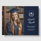 Moderne Elegant Navy Blue 2-Foto Grad Keepake Gästebuch (Vorderseite)