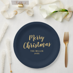 Moderne Elegant Navy Blue Frohe Weihnachten Pappteller