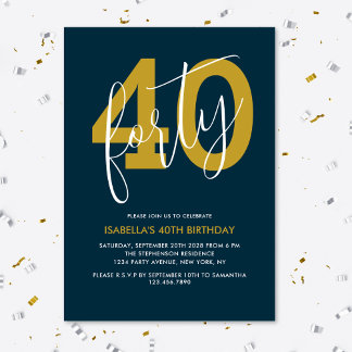 Moderne Elegant Navy Blue Gold 40. Geburtstag Einladung