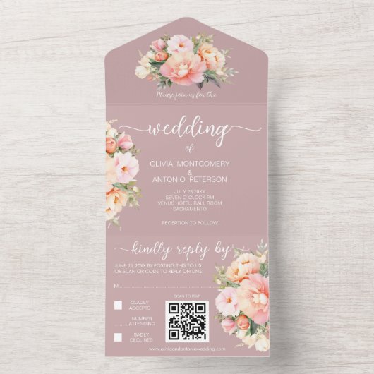Moderne Elegant Peonies Dusty Rose QR Code Wedding All In One Einladung (Innen Boden)