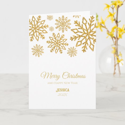 Moderne Elegant White and Gold Frohe Weihnachten Karte (Gelbe Blume)