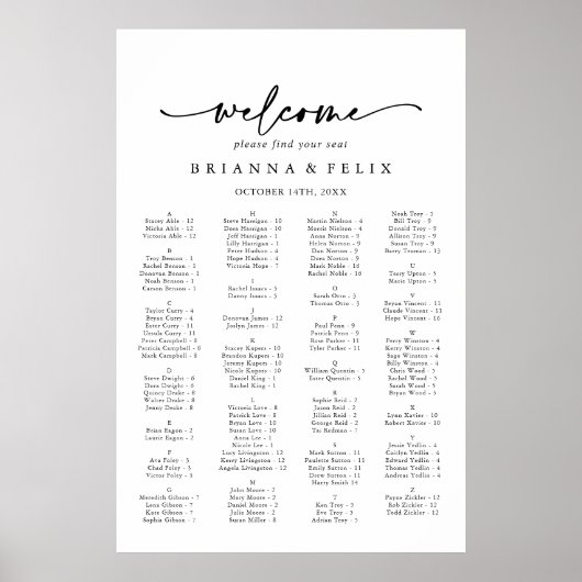 Moderne elegante alphabetische Sitzkarte Poster (Vorne)