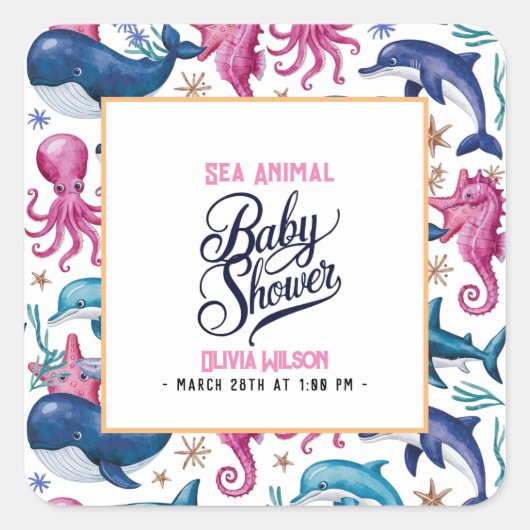 Moderne, elegante Aquarell Sea animal baby Dusche2 Quadratischer Aufkleber (Vorderseite)