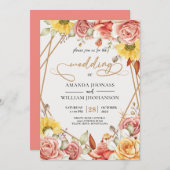 Moderne Elegante Aquarellgold Hochzeit der Blumen Einladung (Vorne/Hinten)