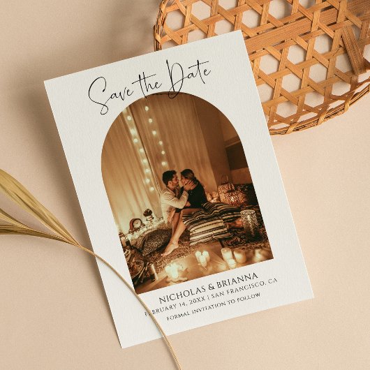 Moderne Elegante Arch Foto White Boho Wedding Save The Date