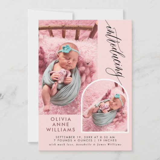 Moderne Elegante Baby Girl Foto Collage Geburt Ankündigung (Vorderseite)