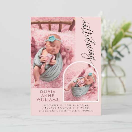 Moderne Elegante Baby Girl Foto Collage Geburt Ankündigung (Stehend Vorderseite)