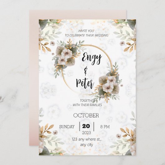 Moderne, elegante Beige- und grüne Hochzeitseinlad Einladung (Vorne/Hinten)