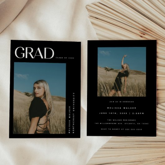 Moderne elegante Black 2-Foto Graduation Party Einladung