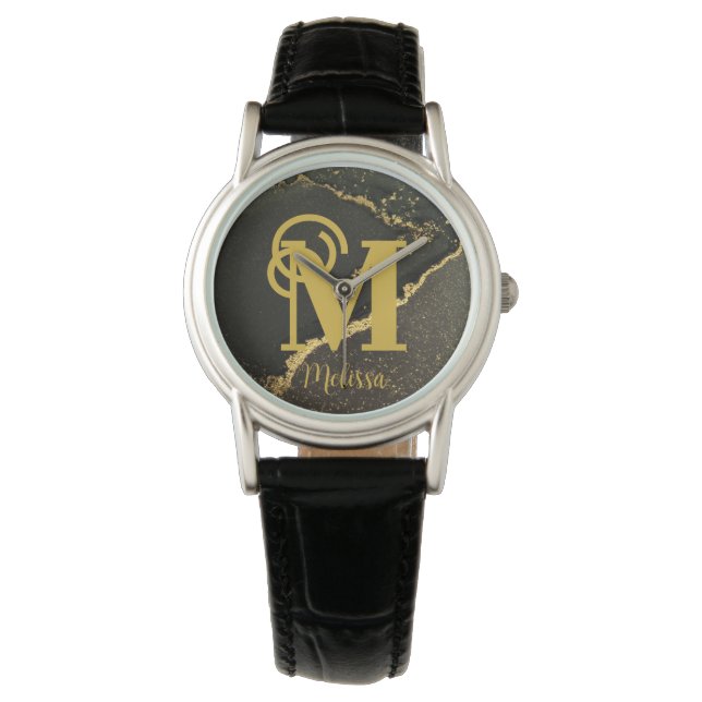 Moderne elegante Black and Gold Monogram-Bezeichnu Armbanduhr (Vorderseite)