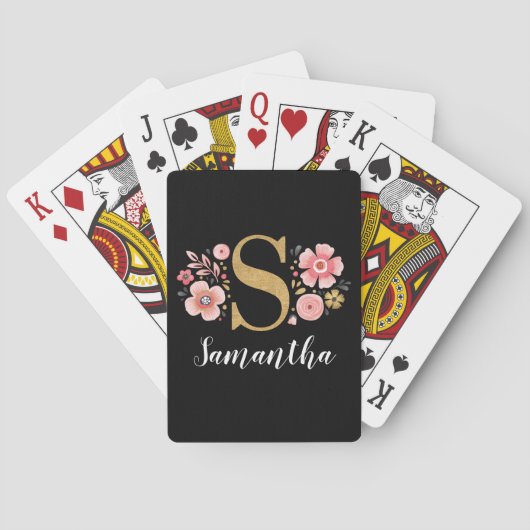 Moderne elegante Black Floral Monogram Letter S Pl Spielkarten (Rückseite)