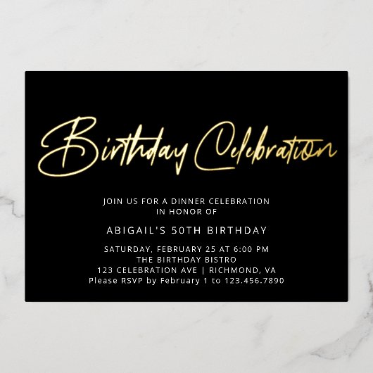Moderne elegante Black & Gold Geburtstagsfeier Folieneinladung (Vorderseite)