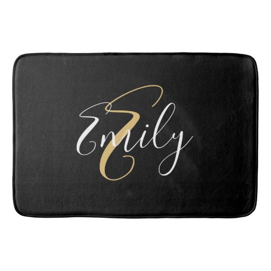 Moderne elegante Black Gold Monogram Script Name Badematte (Vorderseite)