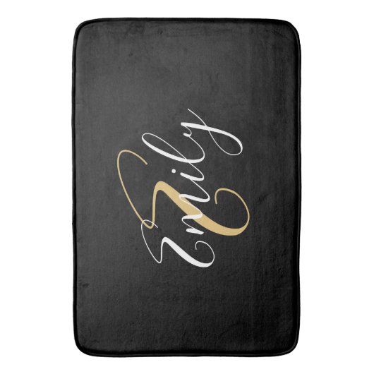 Moderne elegante Black Gold Monogram Script Name Badematte (Vorderseite Vertikal)