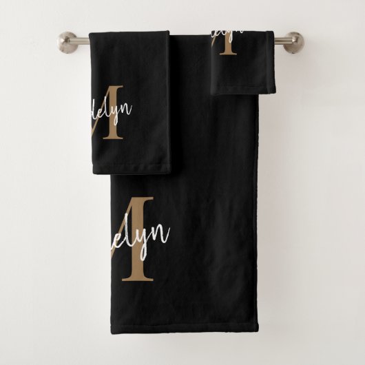 Moderne elegante Black Gold Monogram Script Name Badhandtuch Set (Insitu)