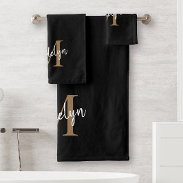 Moderne elegante Black Gold Monogram Script Name Badhandtuch Set
