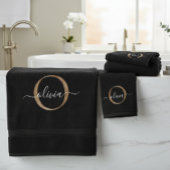 Moderne elegante Black Gold Monogram Script Name Badhandtuch Set