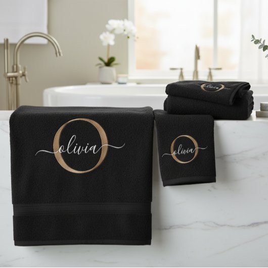 Moderne elegante Black Gold Monogram Script Name Badhandtuch Set