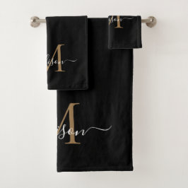Moderne elegante Black Gold Monogram Script Name Badhandtuch Set